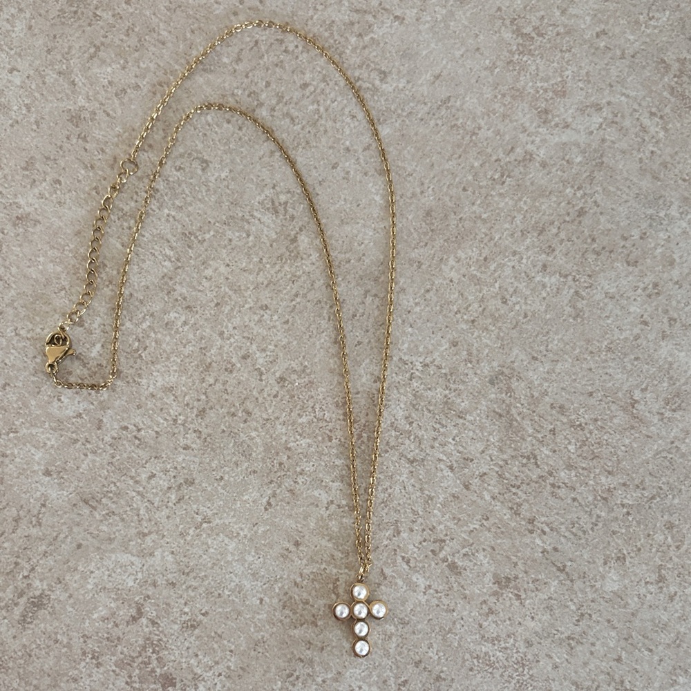 Gold pearl cross necklace